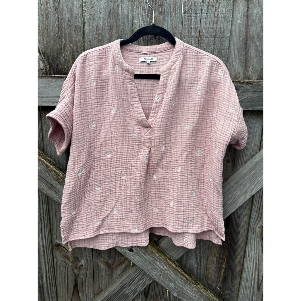 Madewell Embroidered Double Gauze Split Neck Top Pink NJ593 Womens XS